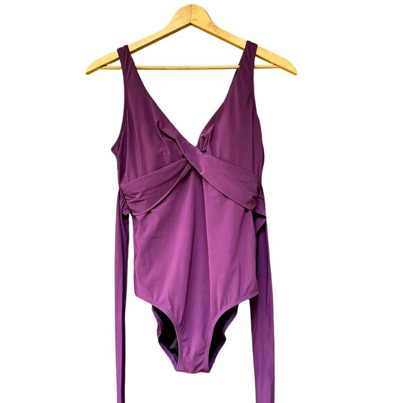 Land's End Women's Side-Tie V-Neck Wrap Eggplant One-Piece Swimsuit with Bra 12 - Picture 1 of 11